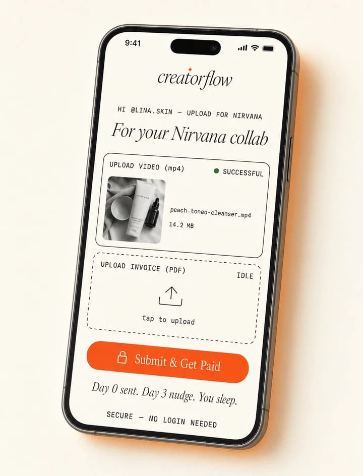 Magic-link upload page on iPhone showing video uploaded and invoice pending
